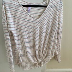Striped V-Neck Knotted Top - Cream and Pink-NWOT